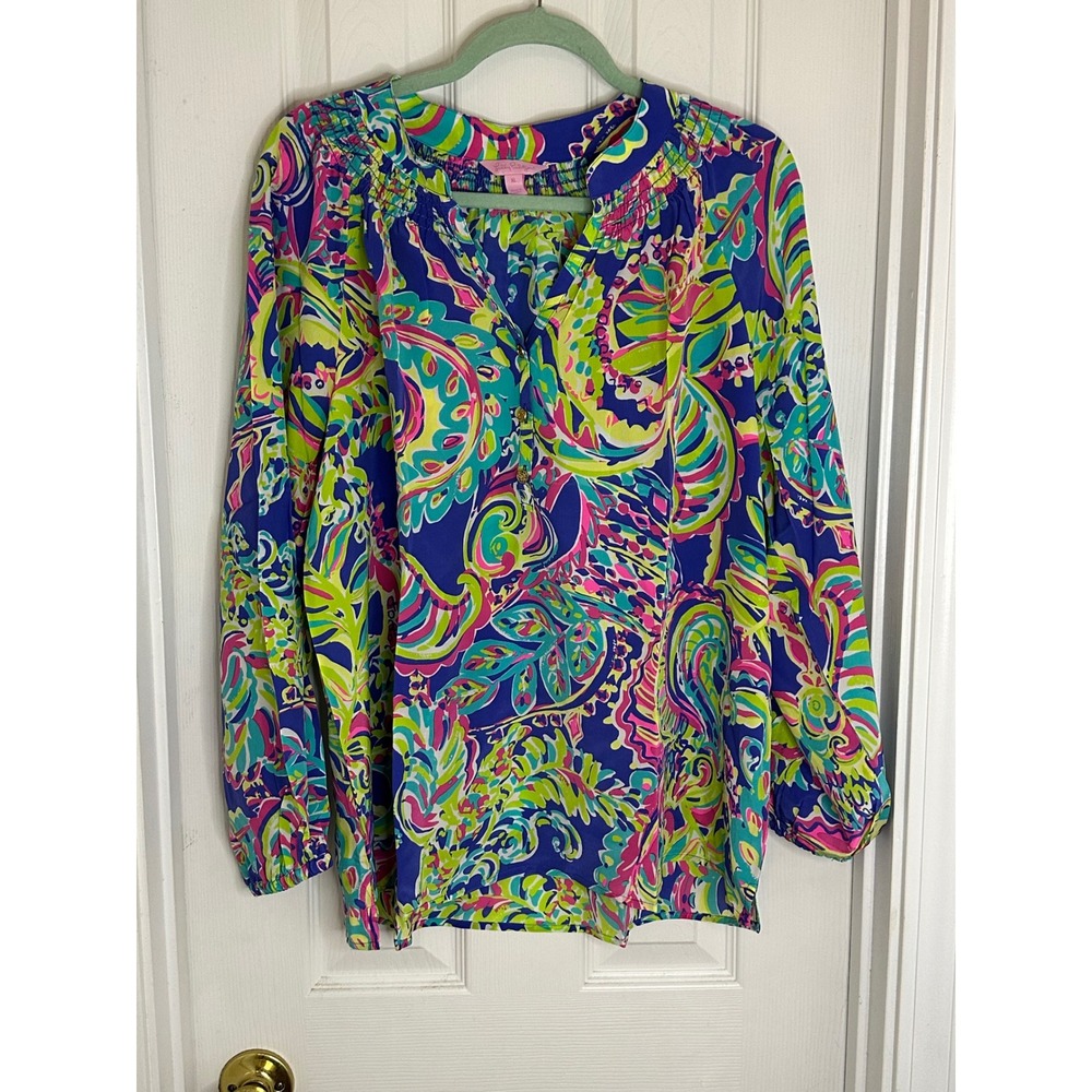 Lilly Pulitzer XL Silk Blouse Multicolored Paisley Smocked Neck Button Front Top